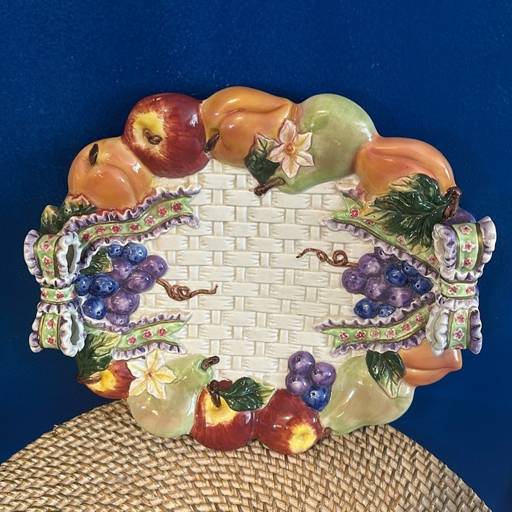 Vintage French Serving Platter Canapé Hand Painted Fruit Bow Basketweave Platter
